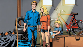 Perekond keldris, nende ümber autorehvid, jalgratas, kastid. 