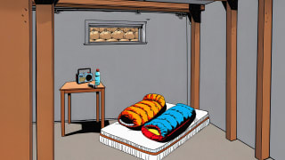 Kelder, kus on laud raadio ja veepudeliga, põrandal madrats kahe magamiskotiga. Aknaava täidetud liivakottidega.