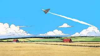 Taevas lendamas ründedroon, all maastik ja talumaja.